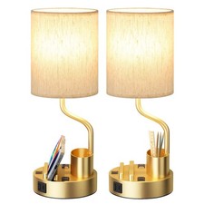 Gold Bedside Table Lamps for Bedroom Set of 2 - Nightstand Light with AC Outl...