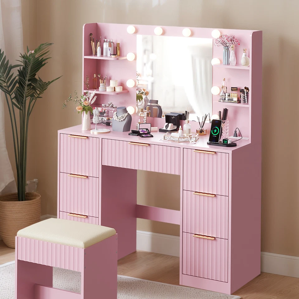 Fluted Vanity Set with Stool, Lighted Mirror & Charging Hub, Drawers for Bedroom