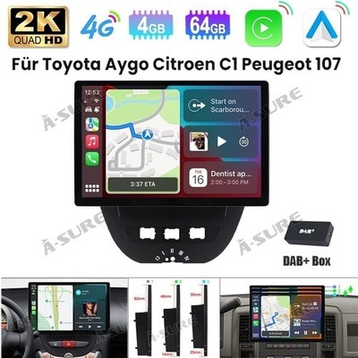 DAB+ 8-Core 2K Android 14 Autoradio Navi Für Toyota Aygo Citroen C1 Peugeot 107