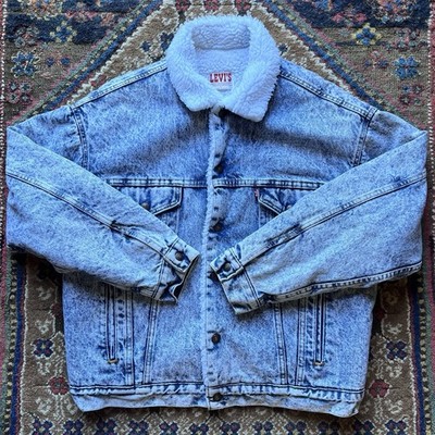 Vintage Levi s Denim Sherpa Fleece Lined Trucker Jacket Sz L - Acid Wash