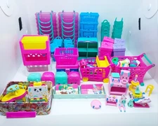 Huge Lot 100+ Shopkins Mixed Grocery Food Boxes Bags Baskets Tin Science Lab