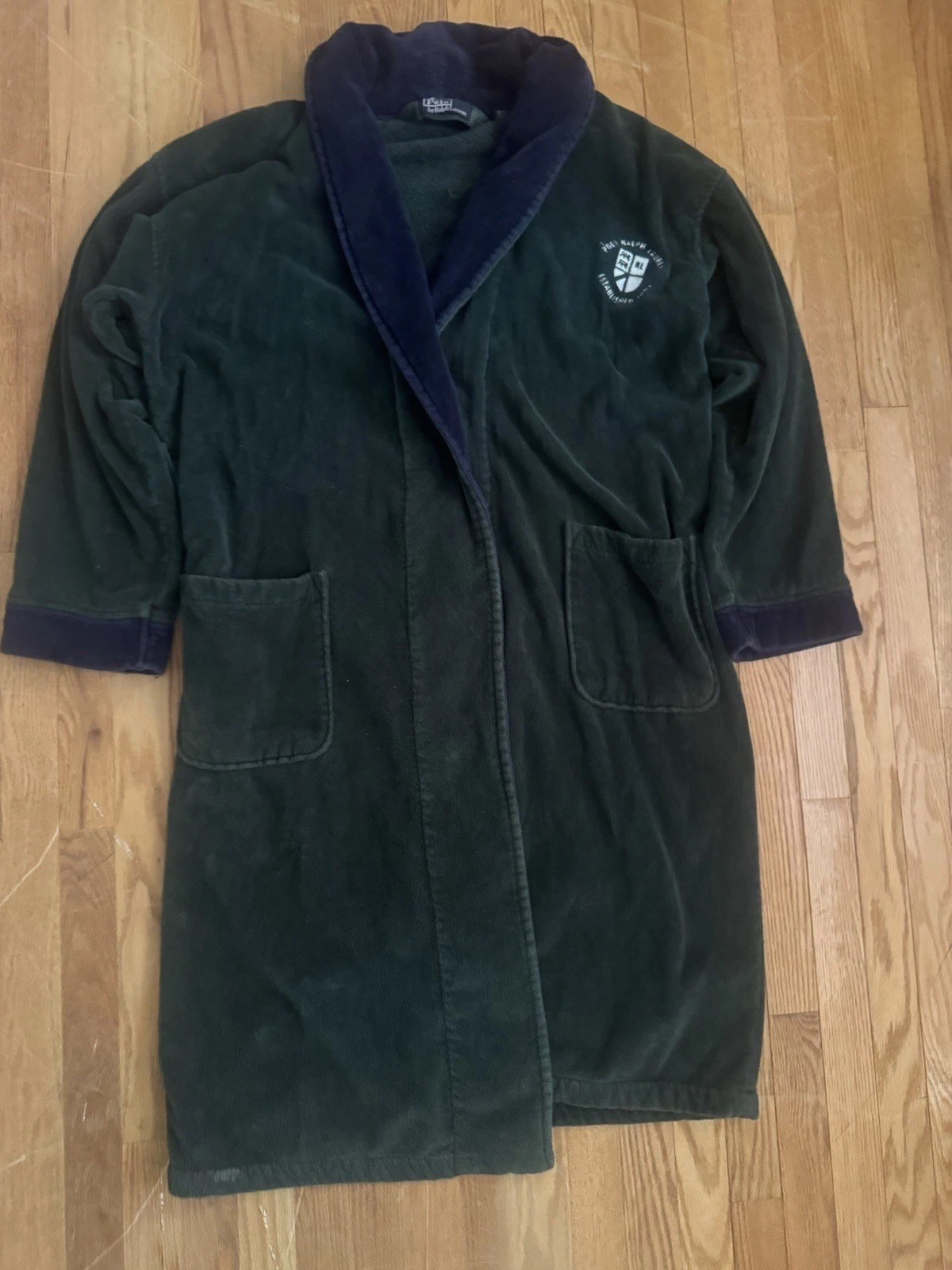 Vintage Polo Ralph Lauren Robe Mens One Size Green Blue Terry Velour Bathrobe