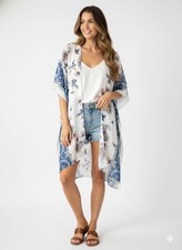 Unbranded Kimono White Blue Boho Beach Summer Festival OSFA