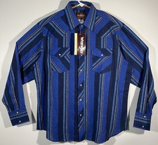 VTG Wrangler Men's Long Sleeve Western Snap Shirt Blue Vertical Stripe Sz XL