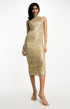 ASOS Womens Gold Midi Dress High Neck Sequin Zip Closure RRP £80