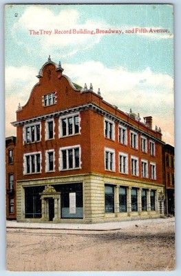 1913 Troy New York Vintage Postcard Record Building Broadway Fifth Avenue Road