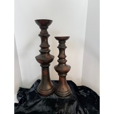 Set of 2 Tall Wood Pillar Candle Holders Dark Brown Ornate Carved Accents