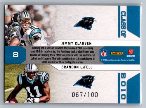2010 Playoff Contenders #8 Brandon LaFell / Jimmy Clausen Draft Class Gold #/100 - Picture 2 of 2