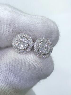 14k Oro Blanco Y Diamantes Pavé Redondo Doble Halo Tuerca Pendientes 0.72ct Tw