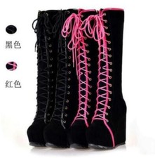 Womens Lace up Platform Wedge Heel Round Toe Casual Cosplay Mid Calf Boots Shoes
