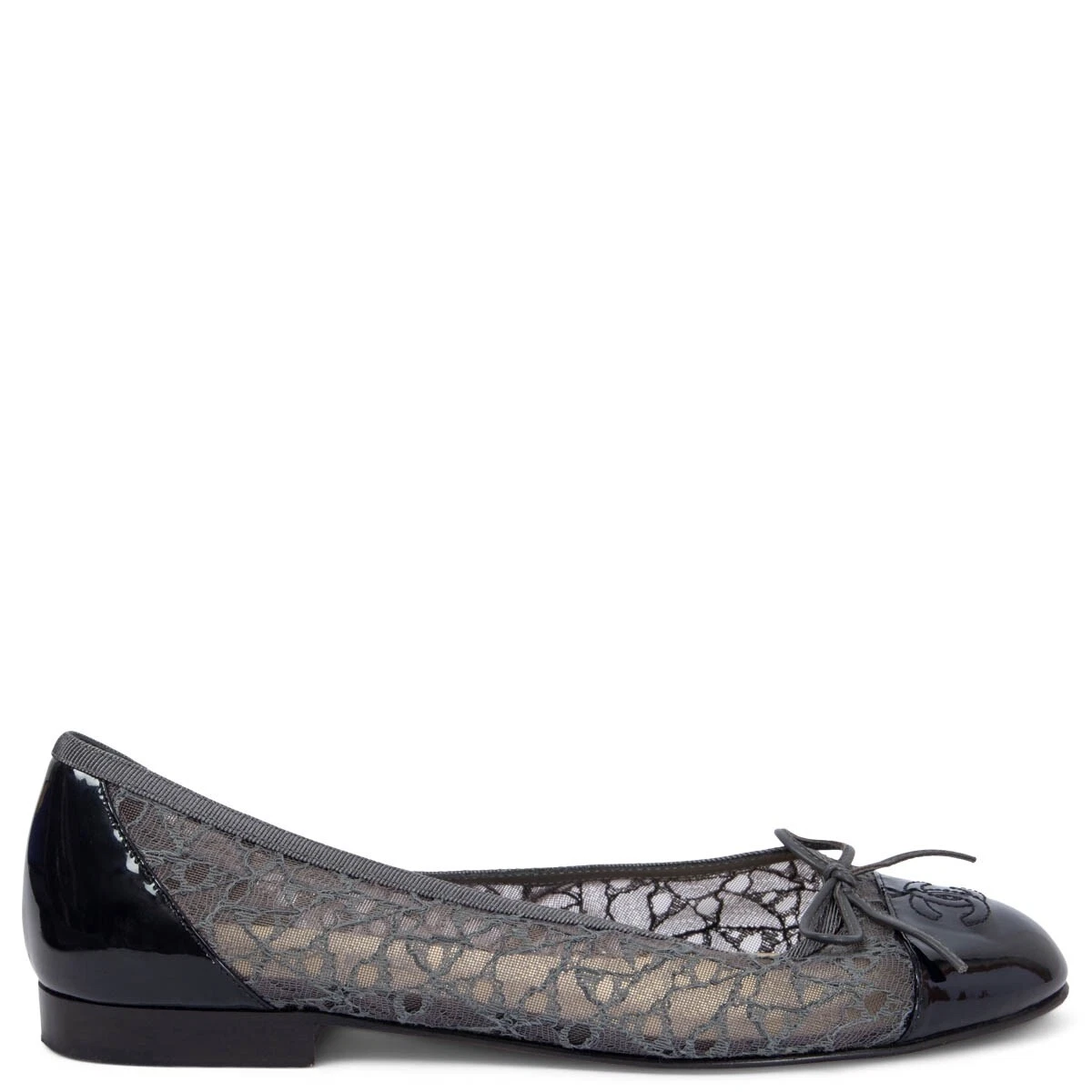 67532 auth CHANEL grey mesh lace & patent Ballet Flats Shoes