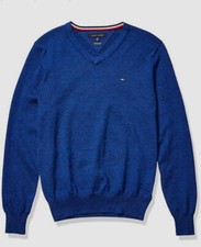  127 Tommy Hilfiger Men's Sweater V-Neck Pullover Sweatshirt Blue S DAMAGED 