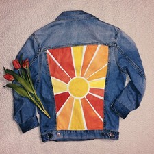 Hand Painted Denim Jacket Sun Design Oversized Vintage