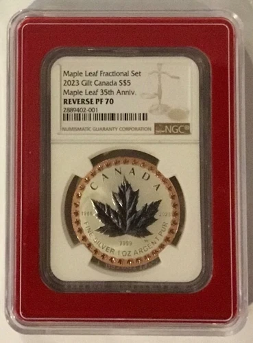 2023 Canada $5 35th Anniv Maple Leaf Gold Plated Pure Silver Coin NGC PF70