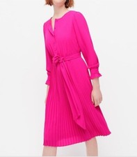 J. Crew Dress Womens Sz 2 Hot Pink Pleated Fit Flare Belt Long Sleeve