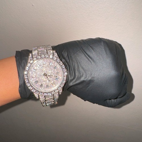 Men Full Iced Dial Luxury Bling Silver Finish Simulated Diamond Celebrity Watch - Picture 9 of 11