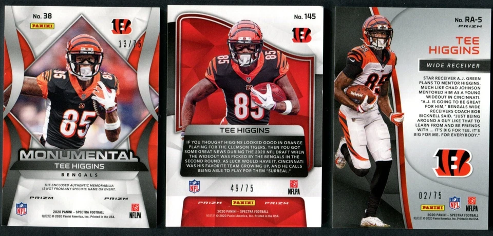 Tee Higgins -- 3 Card Set -- all Hyper / 75 -- Base, Monumental, and Rookie Aura - Image 2 of 2