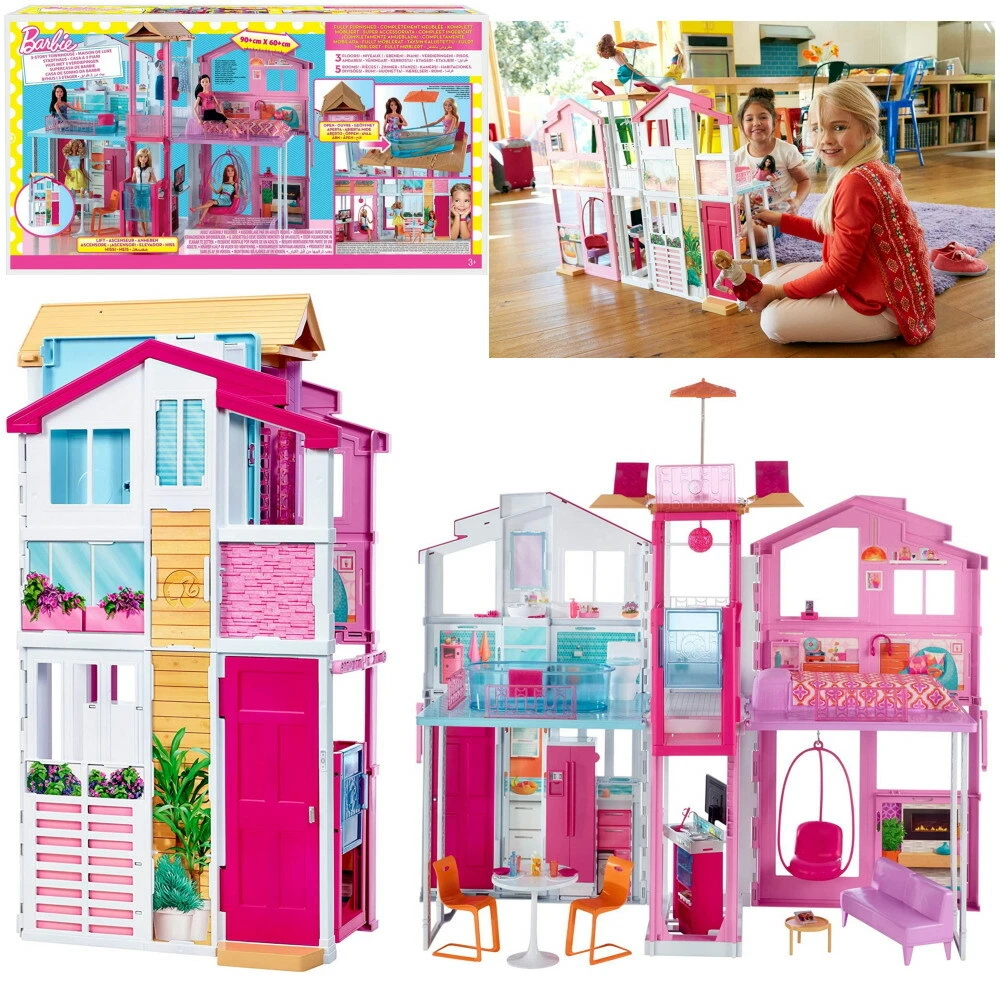 ✅New Mattel Barbie 3 Story Pink Furnished Doll Town house Dreamhouse  Townhouse✅✅