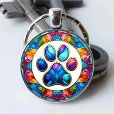 Colorful Paw Print Cabochon Keychain Fashionable Key Ring Chain Keyring Alloy