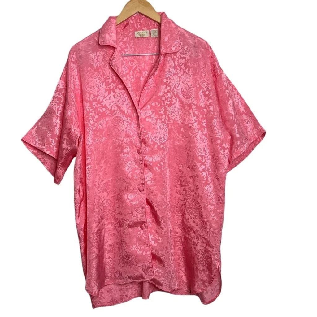 UNDERCOVER Abito camicia da notte Victoria Secret vintage etichetta oro rosa raso broccato bottoni
