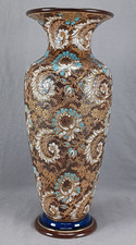 Doulton Slater's Patent Turquoise  White Enamel Floral Gold 15 3/4 Inch Vase B