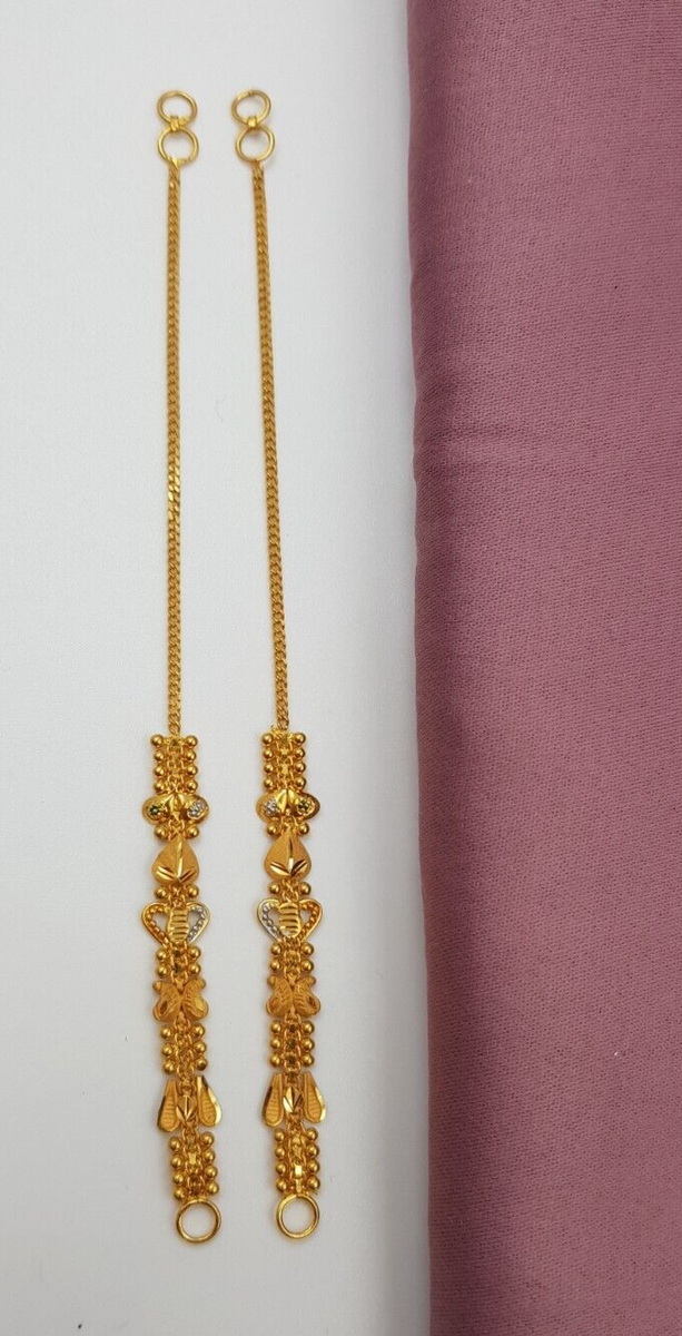 Plain Yellow Gold Women Wedding Ear Chain,22K Handmade Filigree