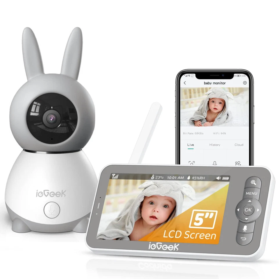 Video-Babyphone 5" Farbdisplay mit 3MP 360° Kamera Babyphone mit Kamera und App