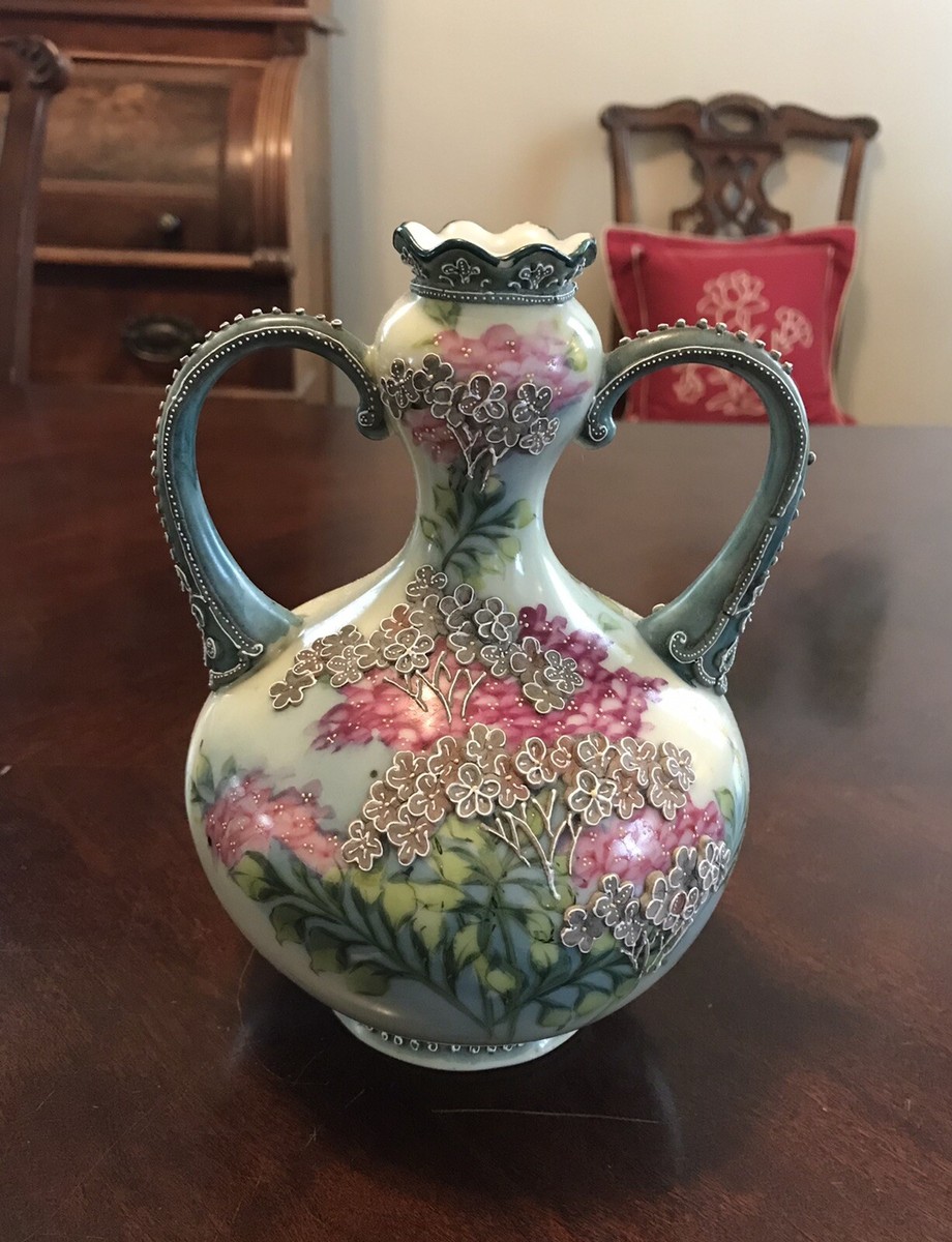 Antique Nippon Moriage Vase Two Handled Beaded 7.5