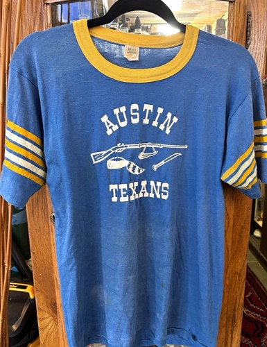 Velva Sheen Austin Texans Graphic Ringer T-Shirt L Blue Yellow Crew Neck
