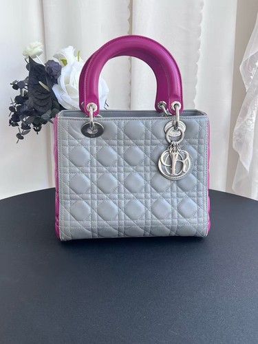 Dior Lady Dior Medium Bag 5-Grid Gray Pink Lambskin Silver Hardware Two-toneAuth