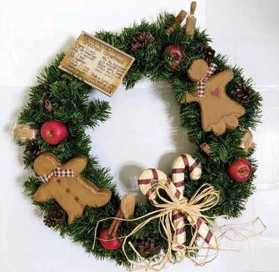FARMHOUSE Grandma Gingerbread Christmas Wreath 15'' Wood Candy Cane Rolling Pin