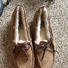 UGG Women's Brown Suede Moccasin Slippers Shearling Lined Bow Accent Slip On