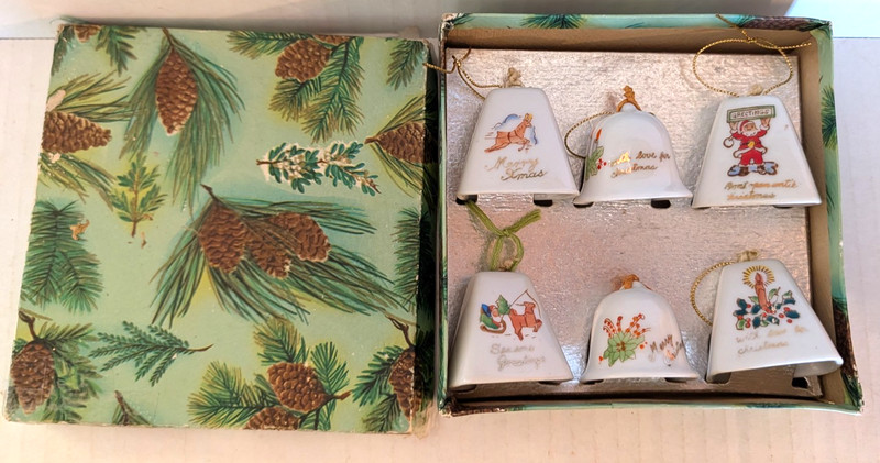 Vtg Porcelain Christmas Bell Ornaments Japan Set of 6 Mini Tree Decor 1.5" (N3)