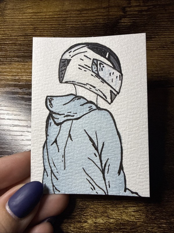 Original Motorcycle Art ACEO Sportbike Rider In White Helmet By mdesigns316