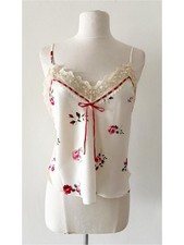 Vintage Y2K Satin Lace Trim Cream Rose Print Camisole Top Coquette Size Small