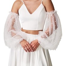 Black White Long Wedding Gloves Lace Sheer Puffy Sleeves Fingerless Off-white