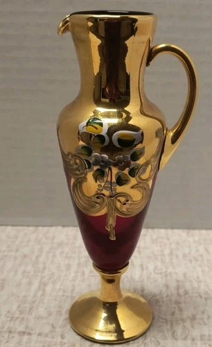 Vintage Cranberry/Gold Bohemian Murano Venetian Art Glass Hand Painted 8 " Tall