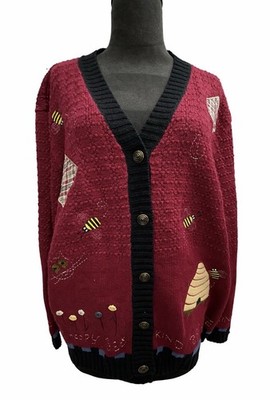 The Quacker Factory Bee Happy Cardigan Sweater Women s 1X Burgundy Ramie Cotton