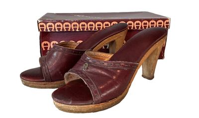 Vintage Etienne Aigner Burgundy Leather Mules A Logo Early  display picture 2
