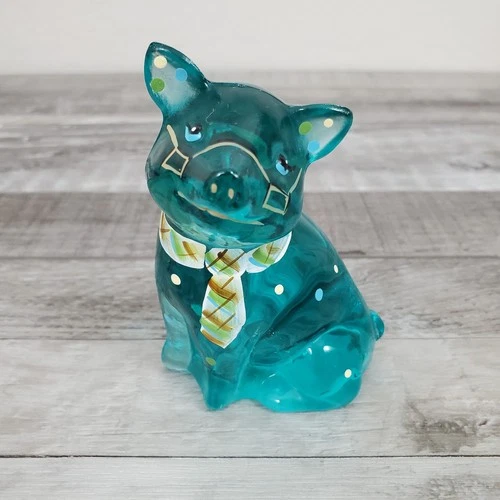 Fenton Glass PIG Figurine w Glasses & Tie Hand Painted Signed Fathers Day Teal