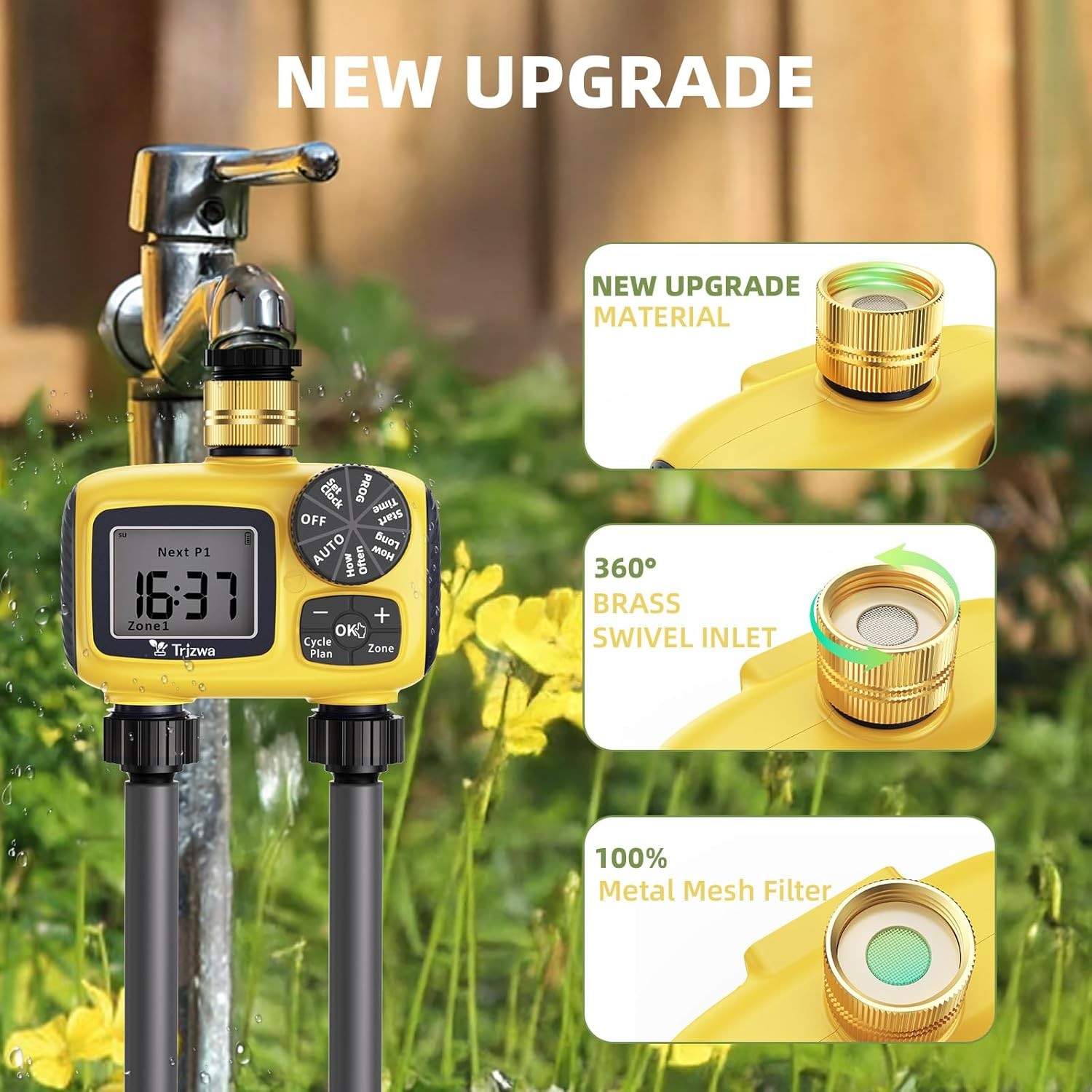 2-Zone Sprinkler Timer – Brass Swivel Hose Timer with Rain Delay & Manual Mode
