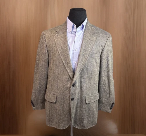 Lands End Vintage Tweed Jacket 44R Brown Herringbone Blazer 100% Silk Sport Coat - Picture 1 of 22