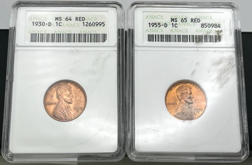 RED 1930-D MS 64 & 1955-D MS 65 LINCOLN WHEAT CENT ANACS Penny Pennies Lot of 2