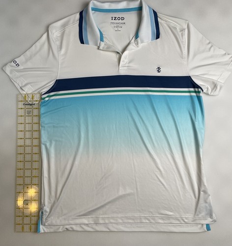 Izod Men's Polo Active Golf Shirt Large, Performance Stretch White Blue stripe