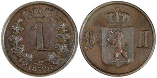 Norway Oscar II Bronze 1891 1 Ore Norwegian Lion XF/aUNC KM# 352 (21 673)