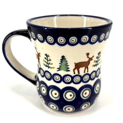 Ceramika Boleslawiec Polish Pottery Reindeer Trees Blue White Mug 16 oz NICE