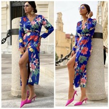 ZARA NWT WOMAN V NECK FLORAL PRINT DRESS blue ref 8320/375 ALL SIZES