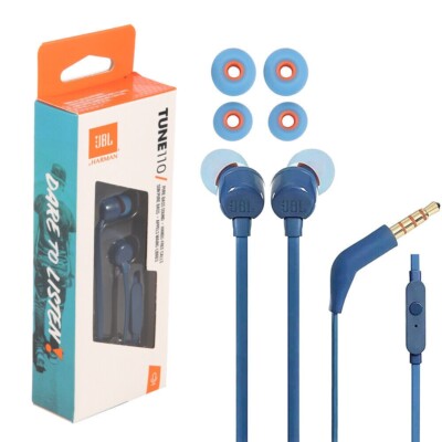 JBL T110 Pure Bass Tangle Free In-Ear Stereo Wired Headphones w/ Mic Blue 