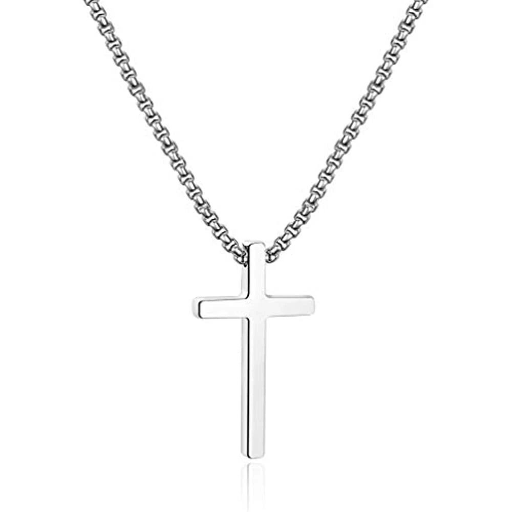 Small silver cross necklace for men, stainless steel chain necklace,  waterproof