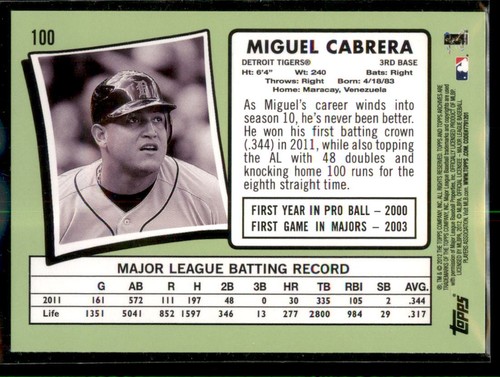 2012 Topps Archives Miguel Cabrera #100 Detroit Tigers - 第 2/2 張圖片